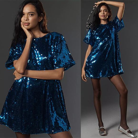 NWT Anthropologie The Emmy Short-Sleeve Swing Maeve Blue Sequin Mini Dress - Picture 1 of 8
